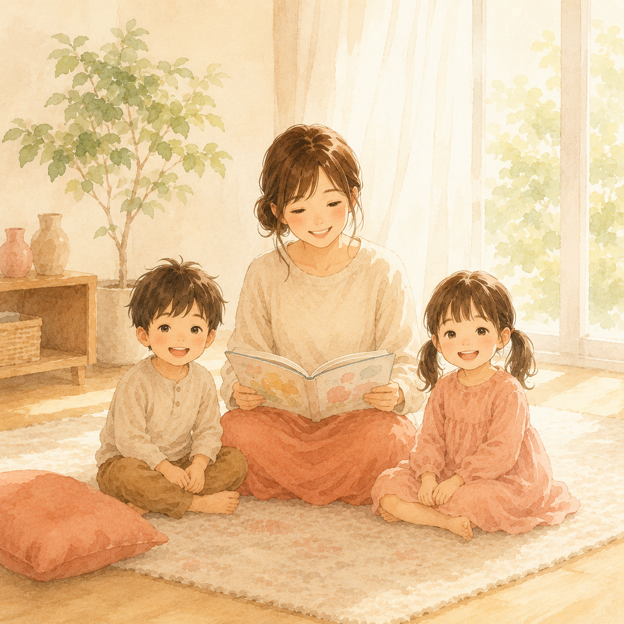 うめあかりが2人の子どもに絵本を読むイラスト