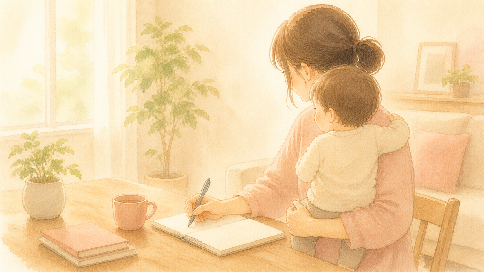 小さな子どもをそばに、ノートに書きものをするお母さんのイラスト