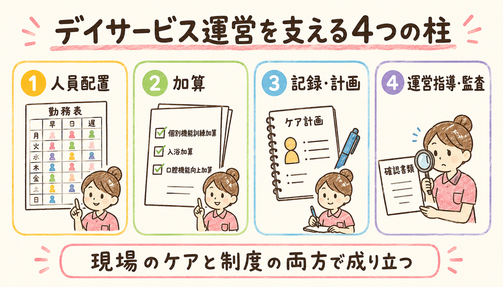 デイサービス運営を支える4つの柱。人員配置、加算、記録・計画、運営指導・監査