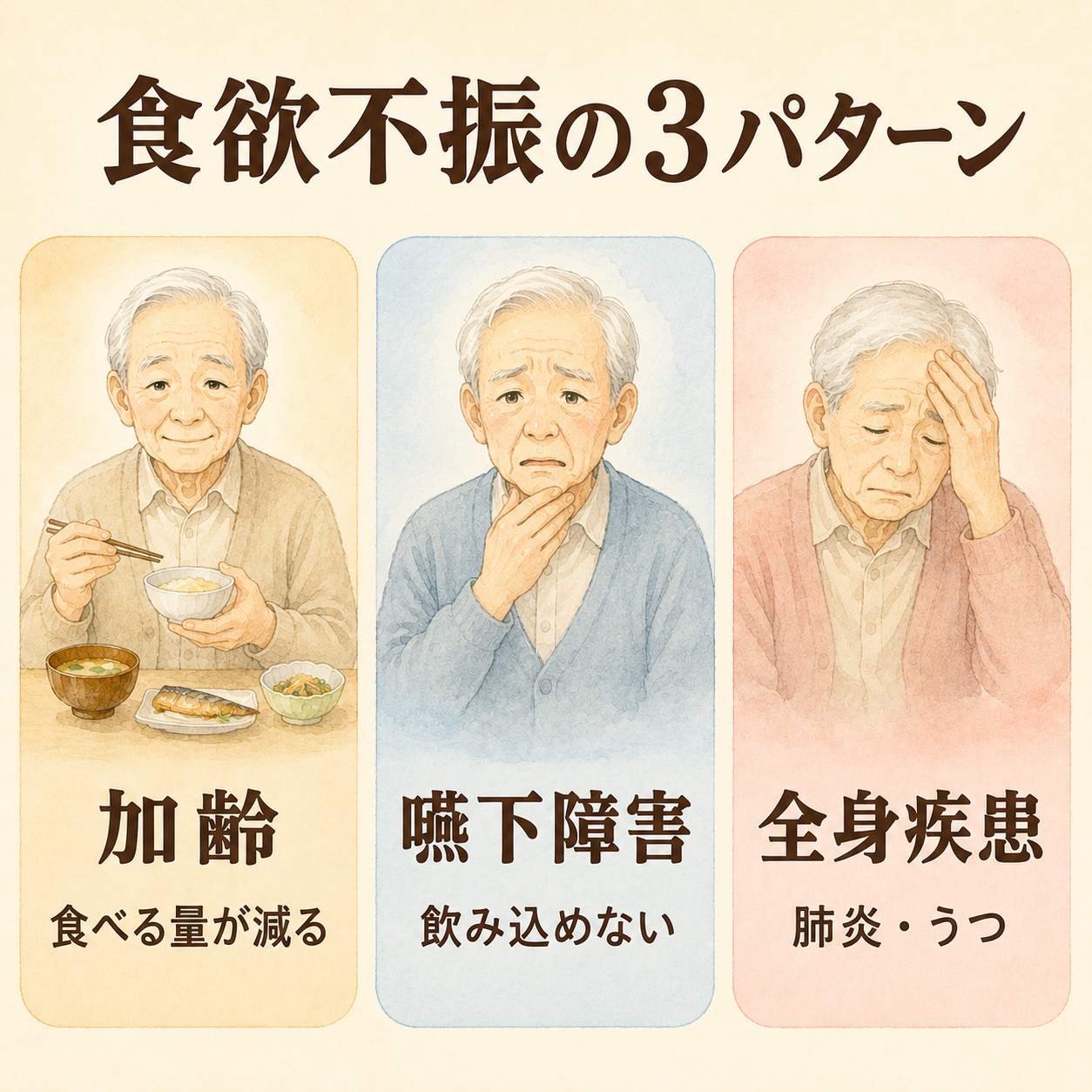 食欲不振の3パターン｜加齢・嚥下障害・全身疾患をやさしい水彩風の図解で説明
