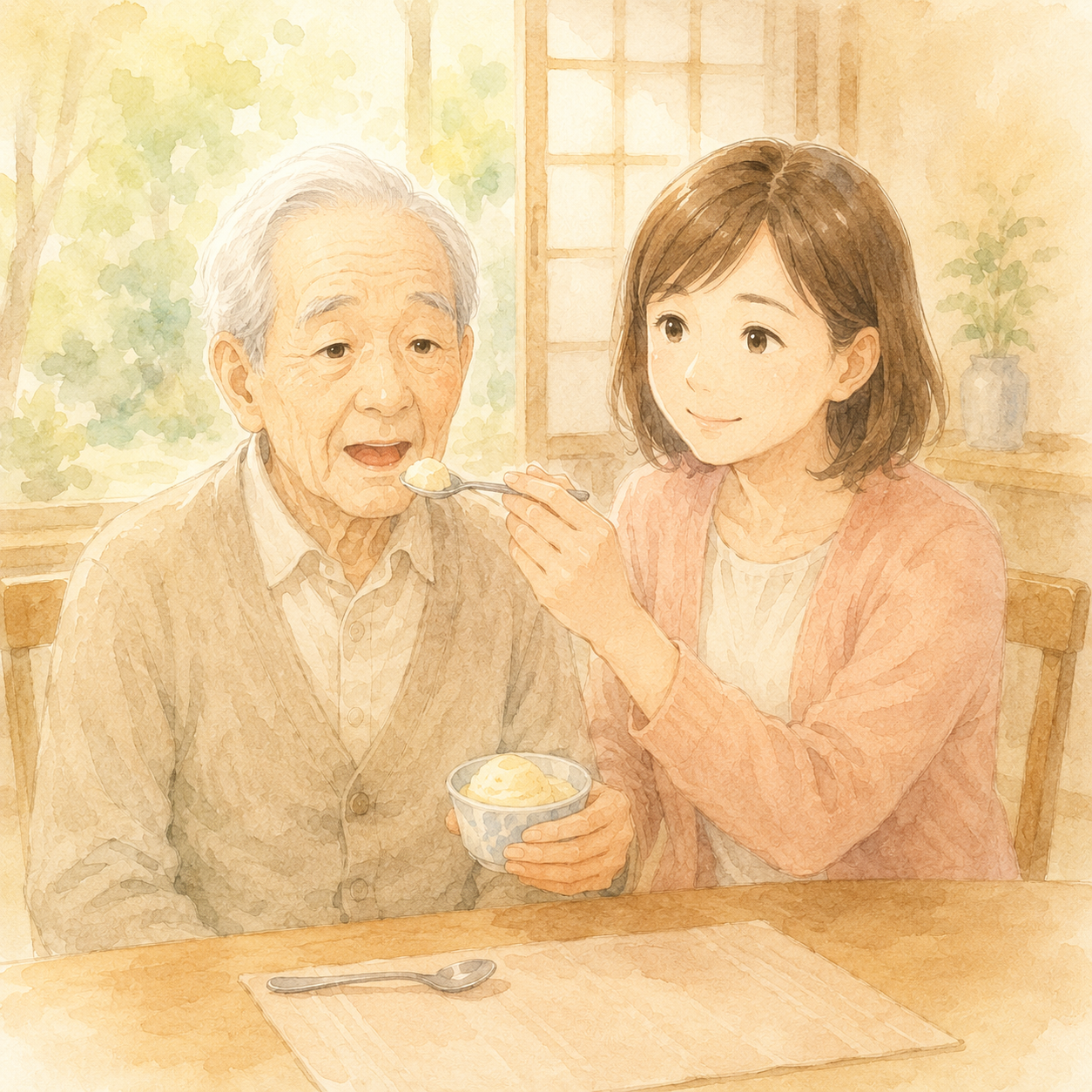 祖父にスプーンでアイスを運ぶ孫娘の和やかなシーン
