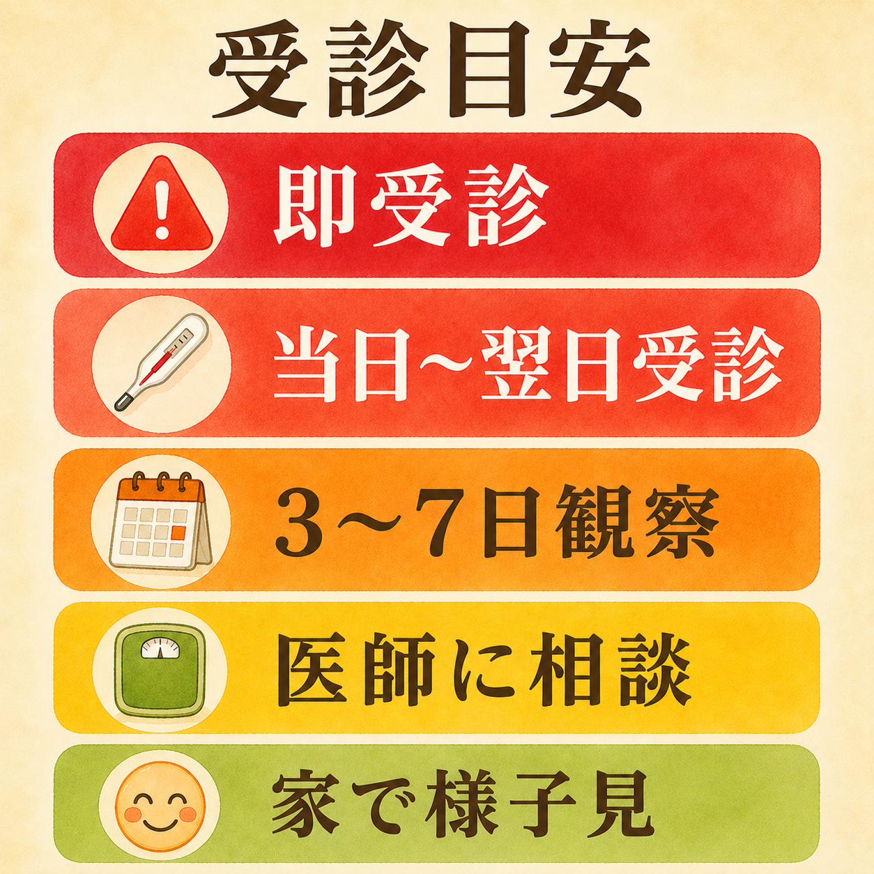 受診目安の信号機型図解。即受診・当日〜翌日受診・3〜7日観察・医に相談・家で様子見の5段階