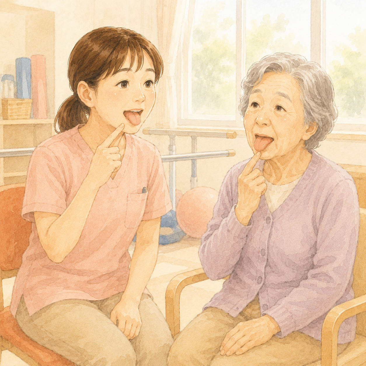 施設で言語聴覚士が高齢者と一緒に舌の体操をしている場面