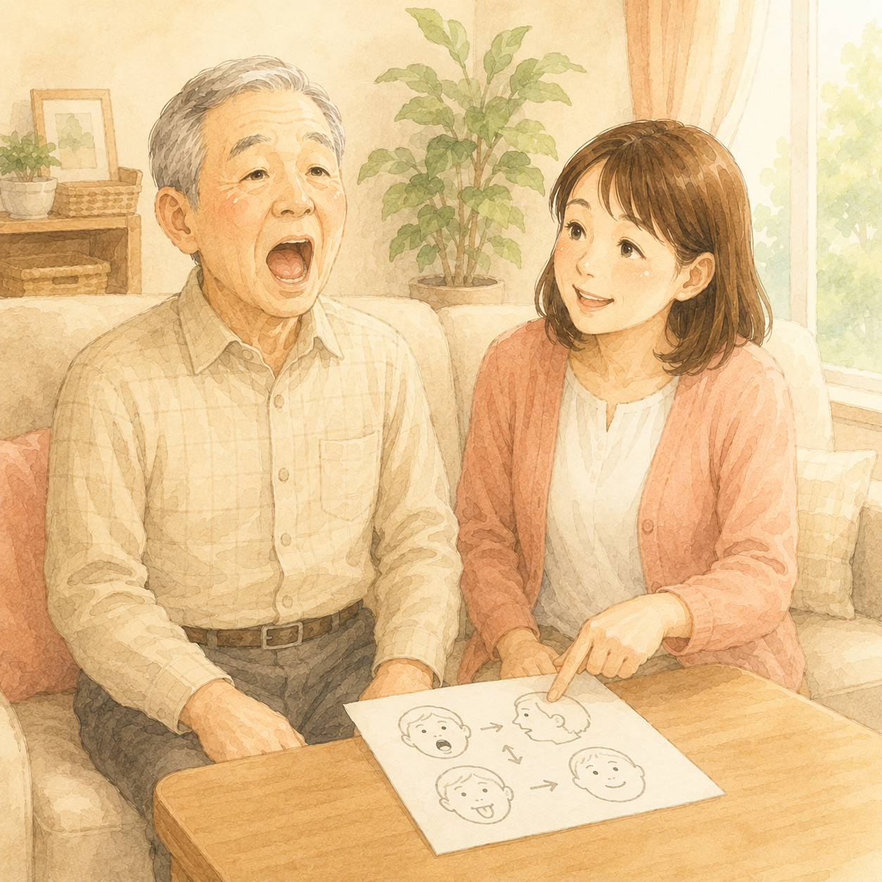 家庭で高齢の父と娘が一緒に発声練習をしている場面