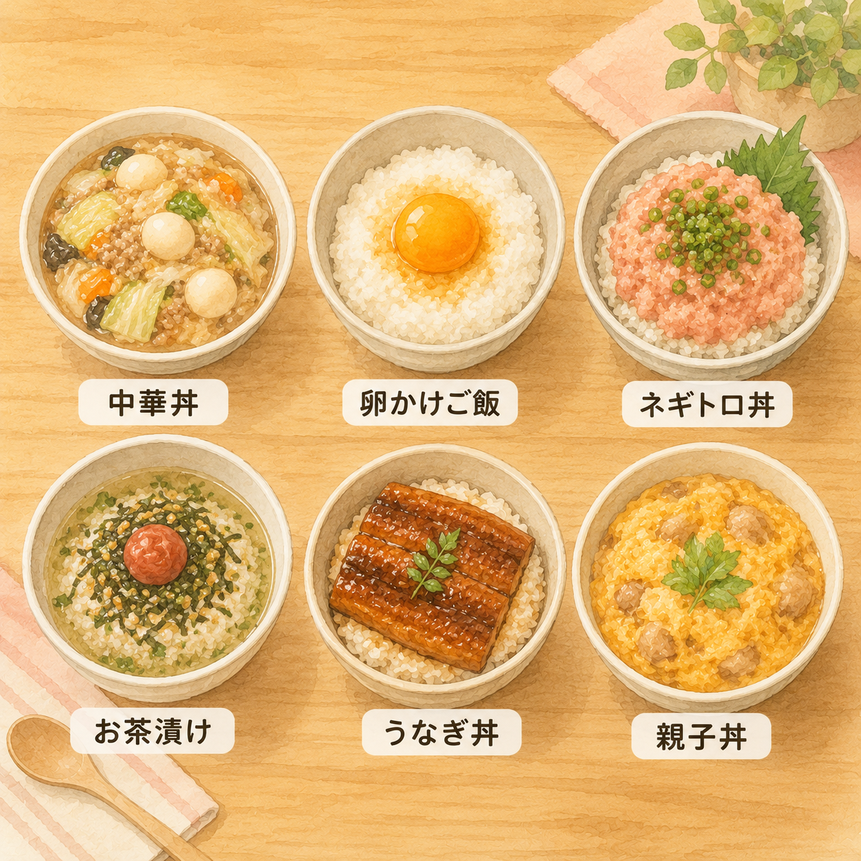 中華丼・卵かけご飯・ネギトロ丼・お茶漬け・うなぎ丼・親子丼の6種類の柔らかい丼物を木製トレーに並べたイラスト
