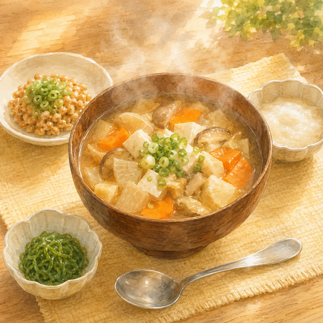 木のテーブルにけんちん汁・ひきわり納豆・とろろ・めかぶ・お椀のスープが並ぶ穏やかな食卓イラスト