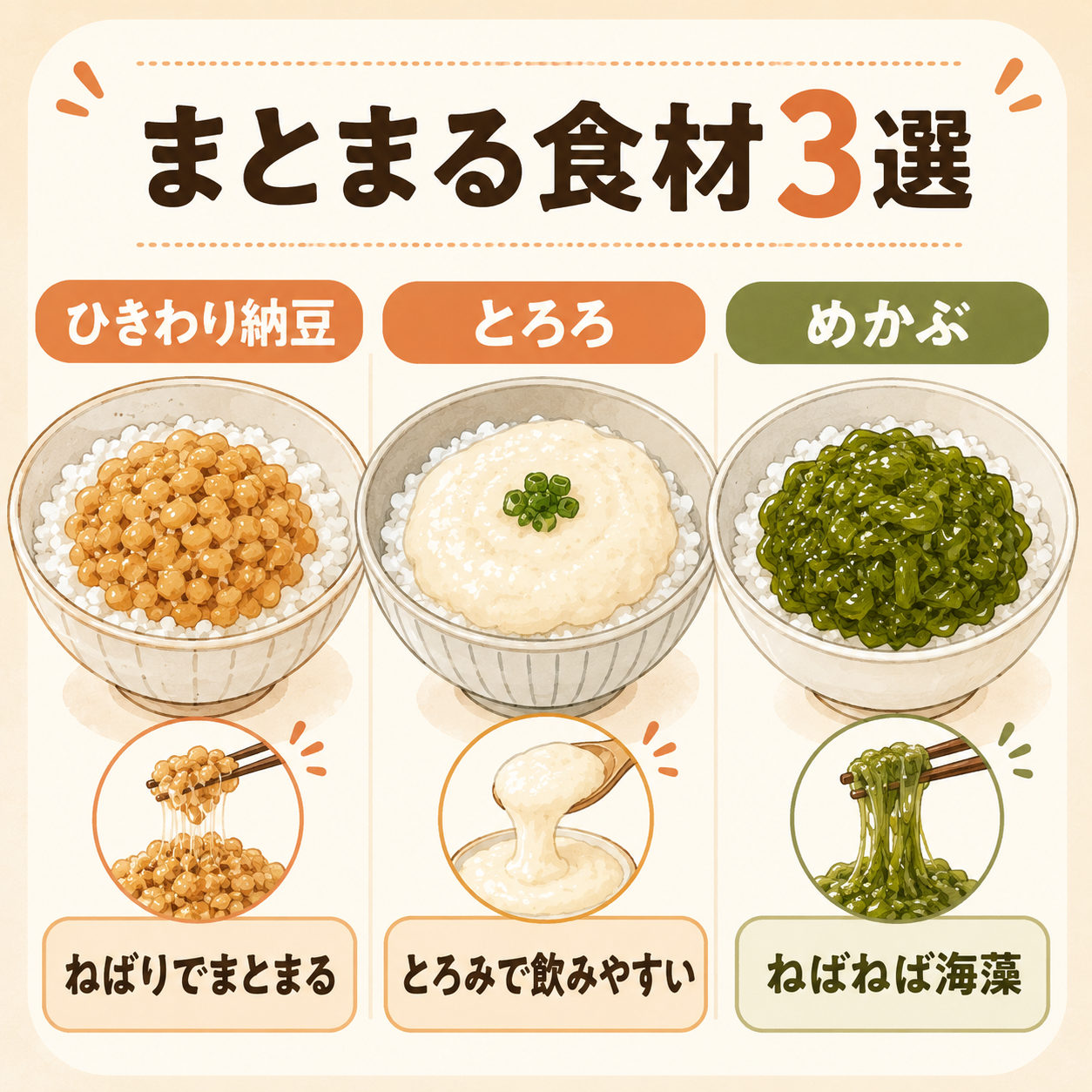 ひきわり納豆・とろろ・めかぶの3種類のまとまる食材を小鉢に盛り付けたイラスト