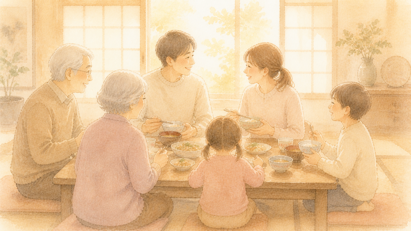 3世代家族が和やかに食卓を囲んでいるイラスト