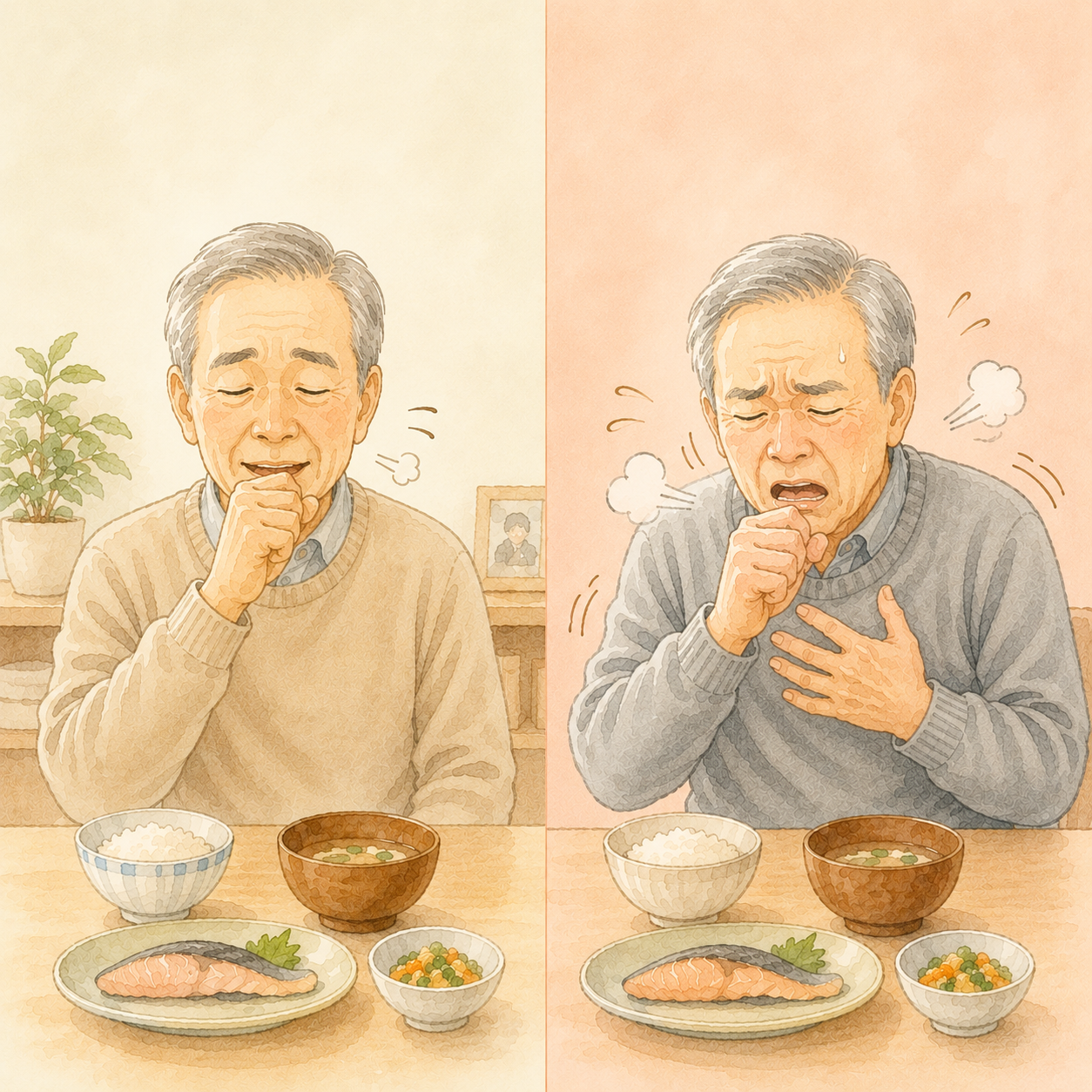 ただのむせと危険なむせを比較した図解