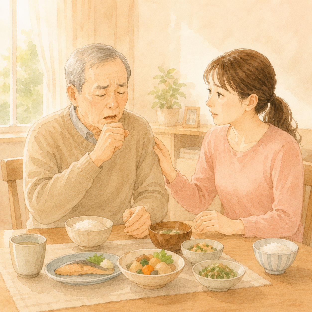 ご高齢の父と娘さんが食卓を囲んでいる、娘が父を気遣っているイラスト