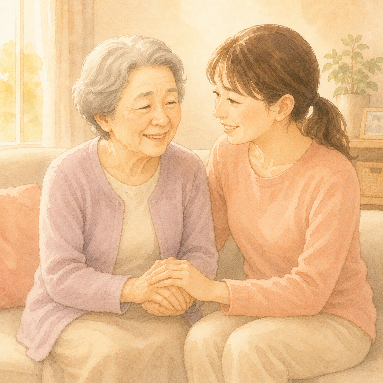 娘さんがお母さんの手をやさしく握って寄り添っているイラスト
