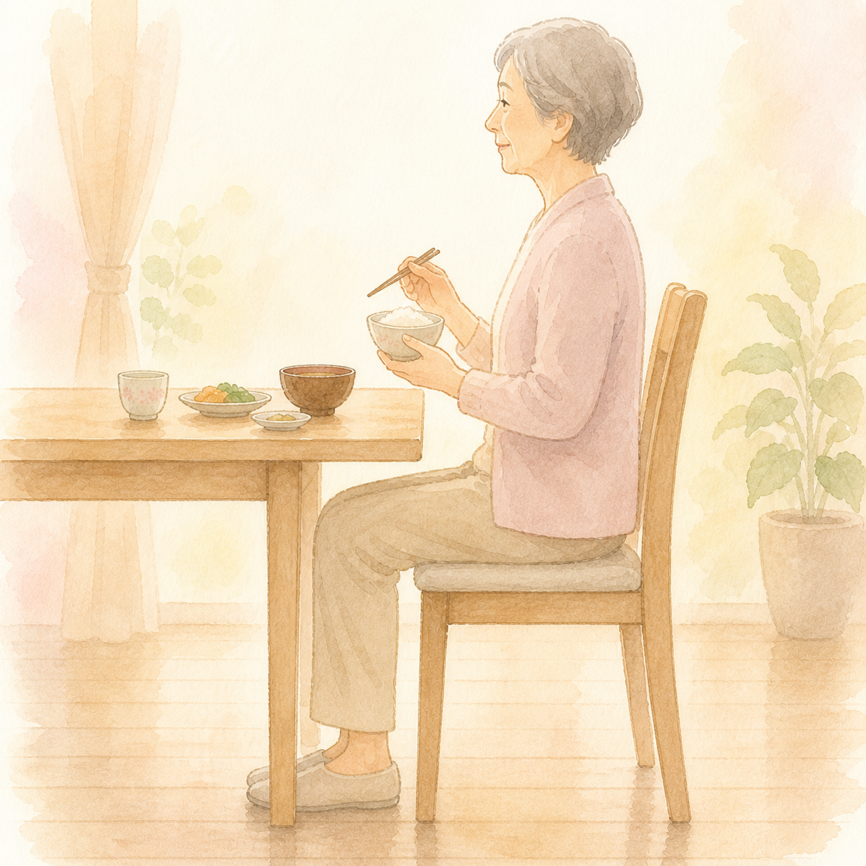 誤嚥しにくい正しい食事姿勢のイラスト
