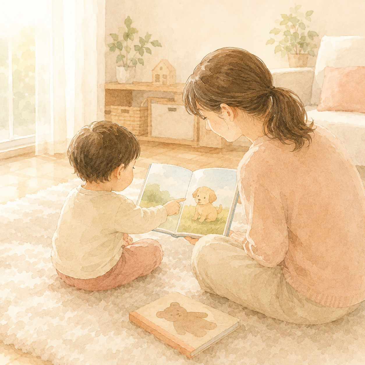 お母さんと2歳の子どもが絵本で指さしをしているイラスト