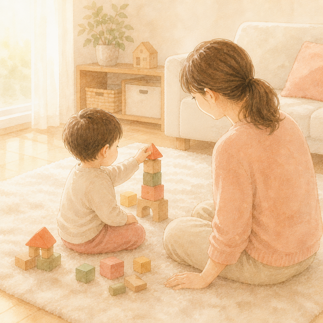 お母さんと子どもが一緒におもちゃで遊んでいるイラスト