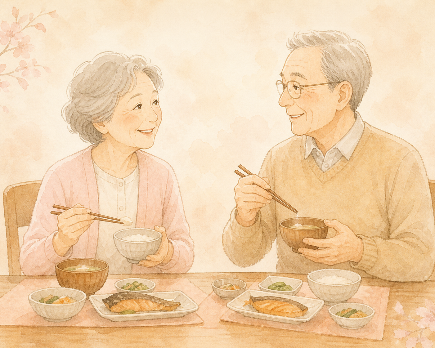 高齢のご夫婦が食事をしているイラスト