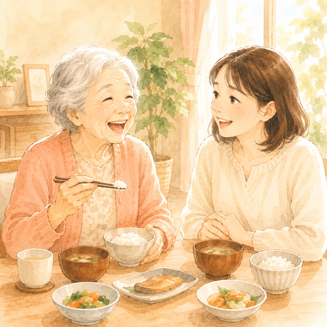 笑顔でよく喋りながら朝食を楽しむ高齢の母と娘の食卓イラスト