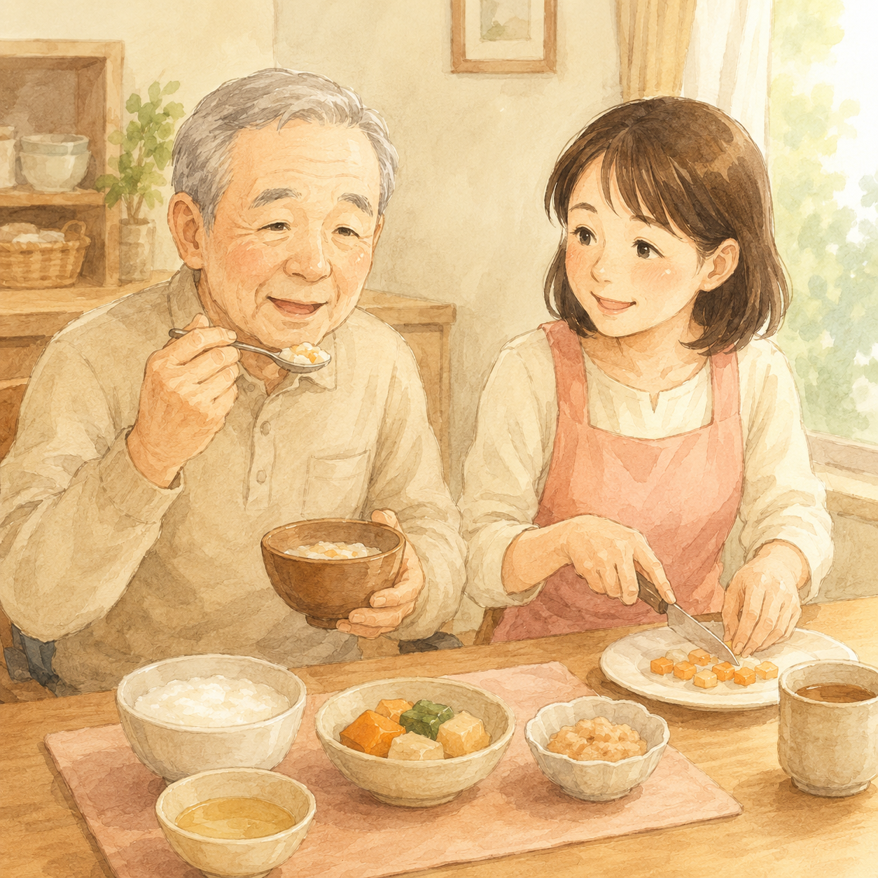 やわらかく刻んだ食事を食べる祖父と、寄り添ってサポートする孫娘の食卓イラスト