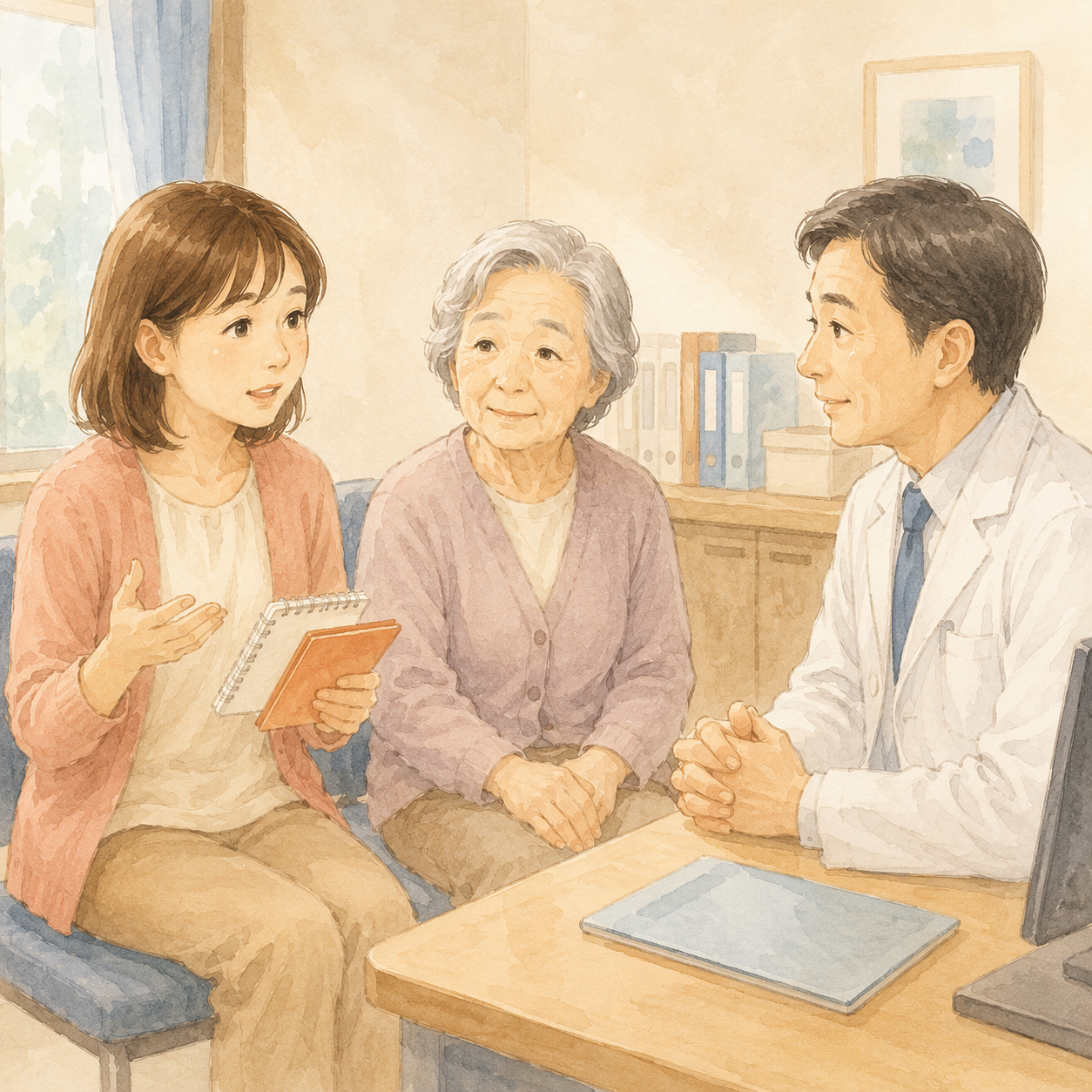 病院の診察室で医師にメモを見せながら症状を説明する娘と高齢の母のイラスト