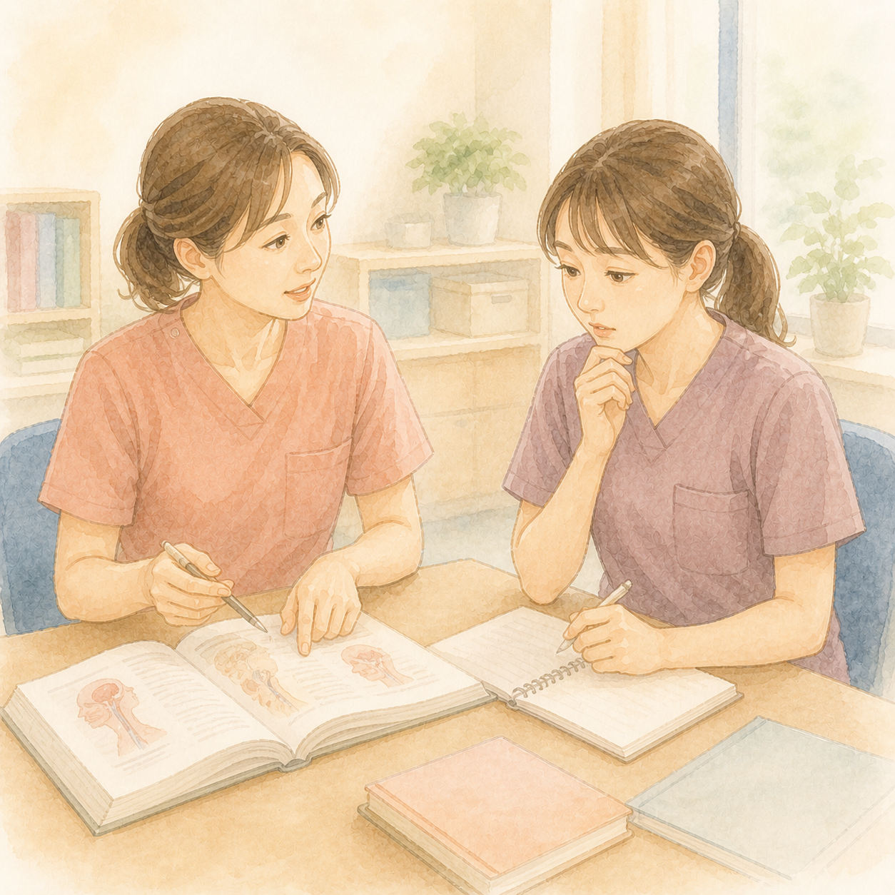 先輩STと新人STが嚥下リハを学ぶ場面