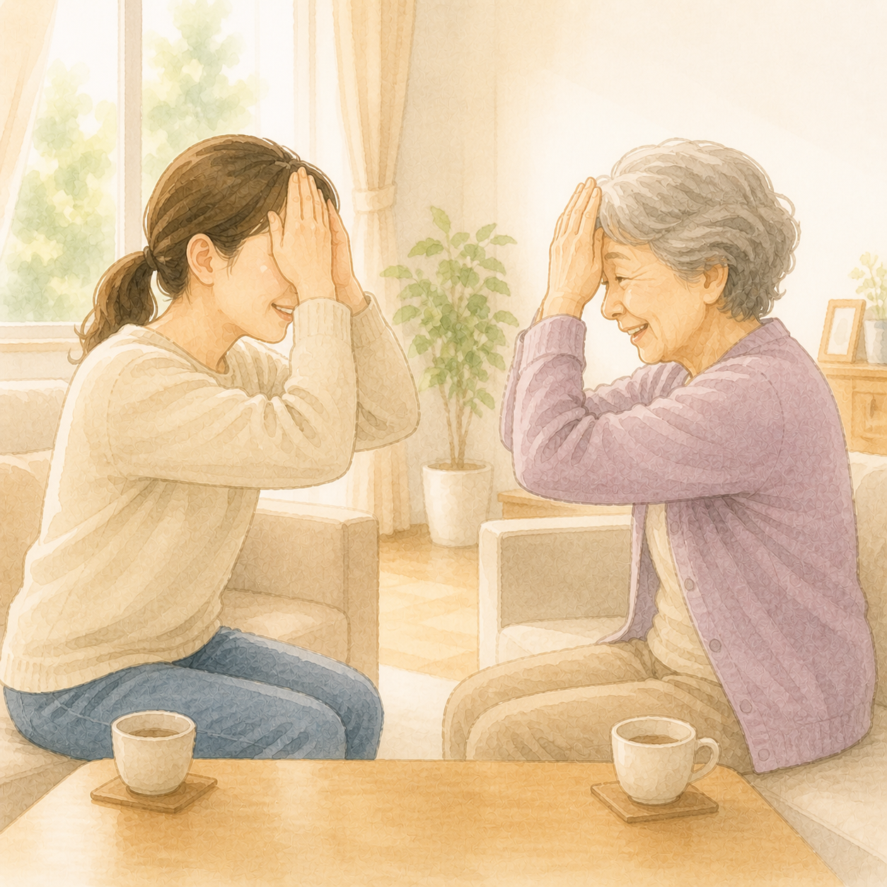 家族と高齢者が一緒に嚥下訓練をしている場面