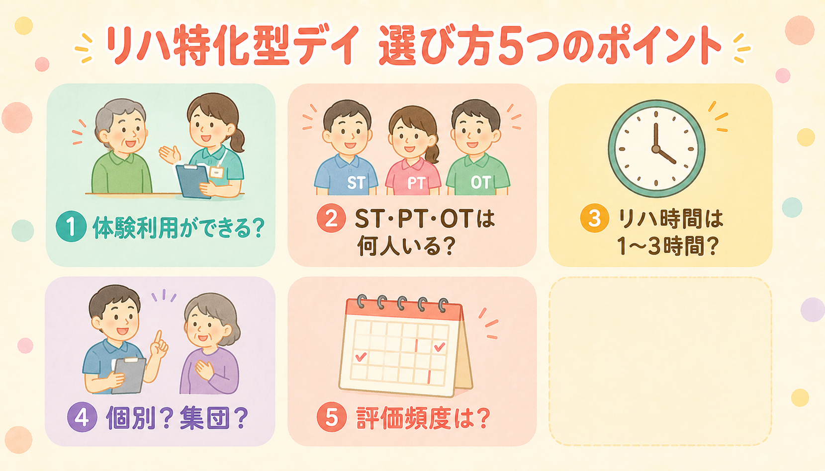 リハ特化型デイ 選び方5つのポイント（体験利用・人員配置・時間・個別か集団か・評価頻度）