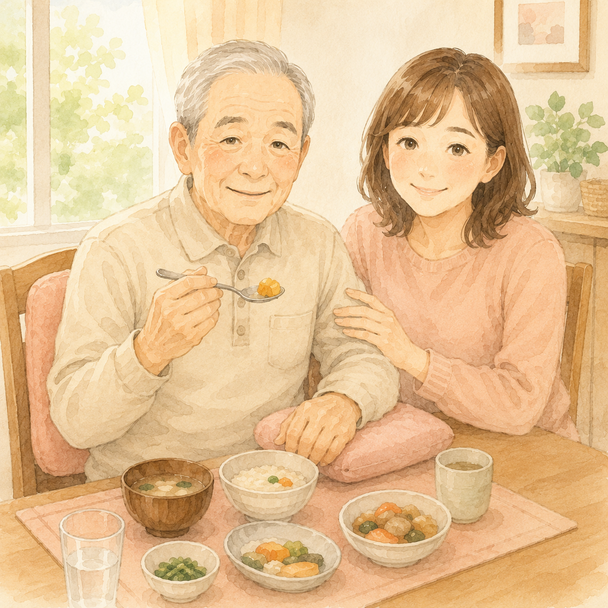 片麻痺のある高齢者が、麻痺側の肘下にクッションを置いて姿勢を安定させながら食事をしている場面