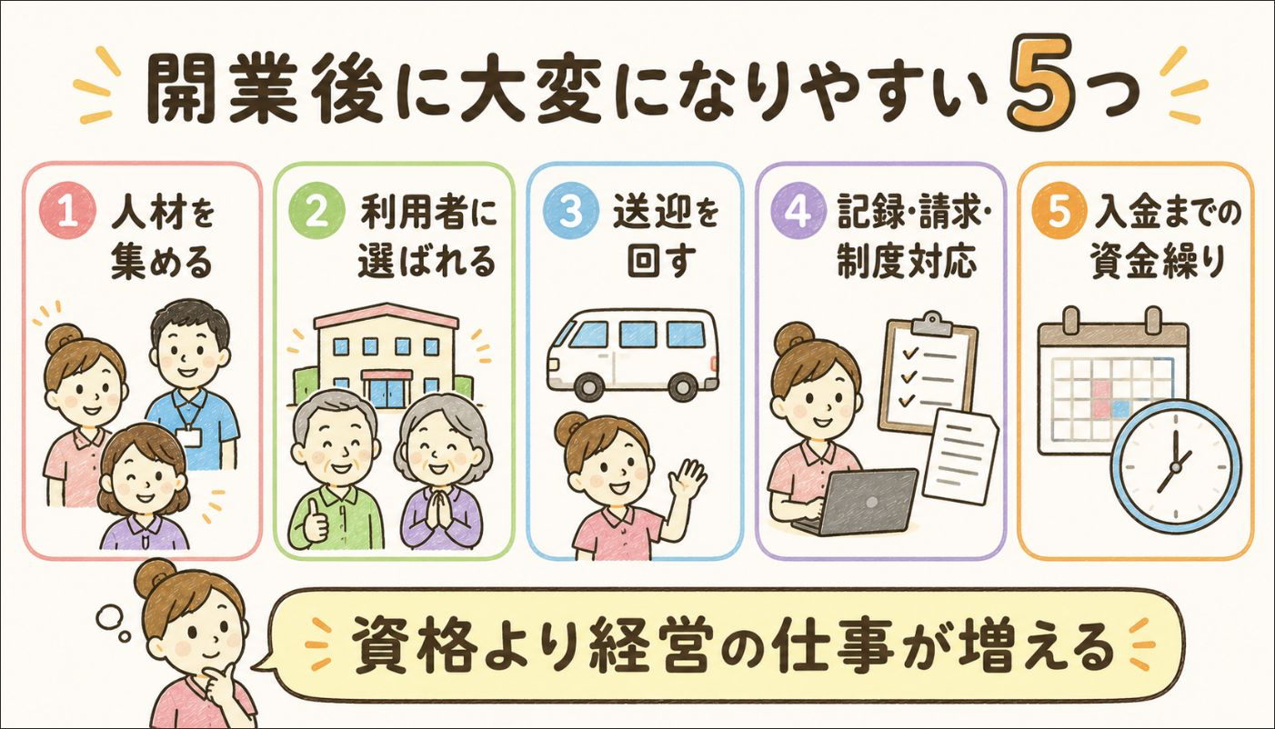 デイサービス開業後の5つの課題。人材、利用者、送迎、記録と請求、資金繰り