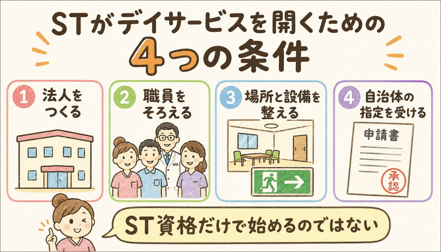 STがデイサービスを開くための4条件。法人、職員、設備、自治体の指定が必要
