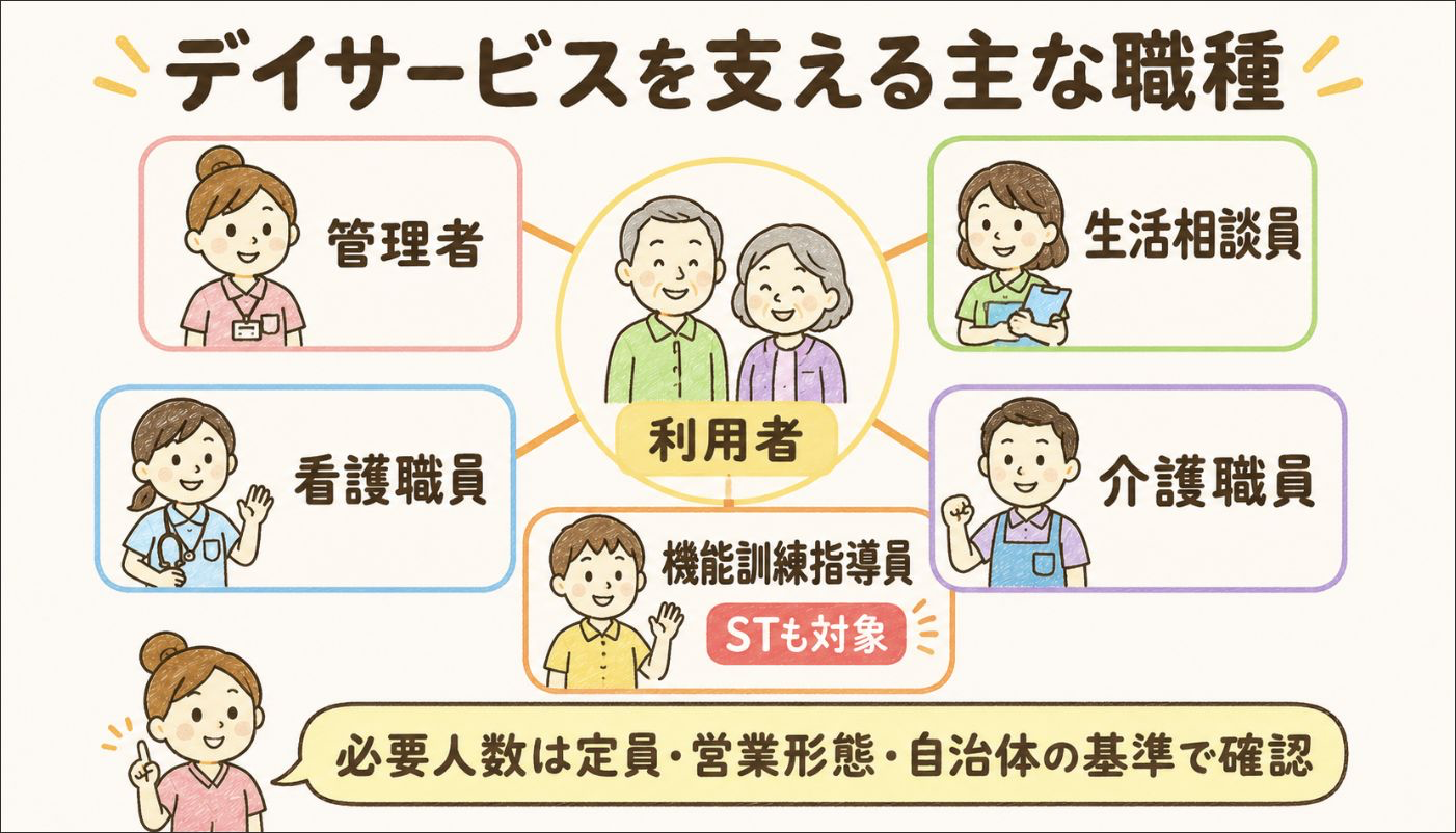 デイサービスを支える管理者、生活相談員、看護職員、介護職員、機能訓練指導員。STも機能訓練指導員になれる