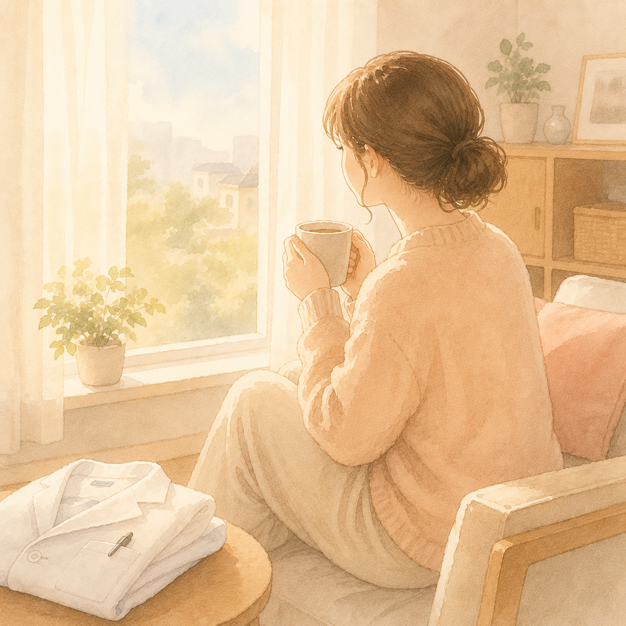 窓辺で考えごとをする30代女性のイラスト
