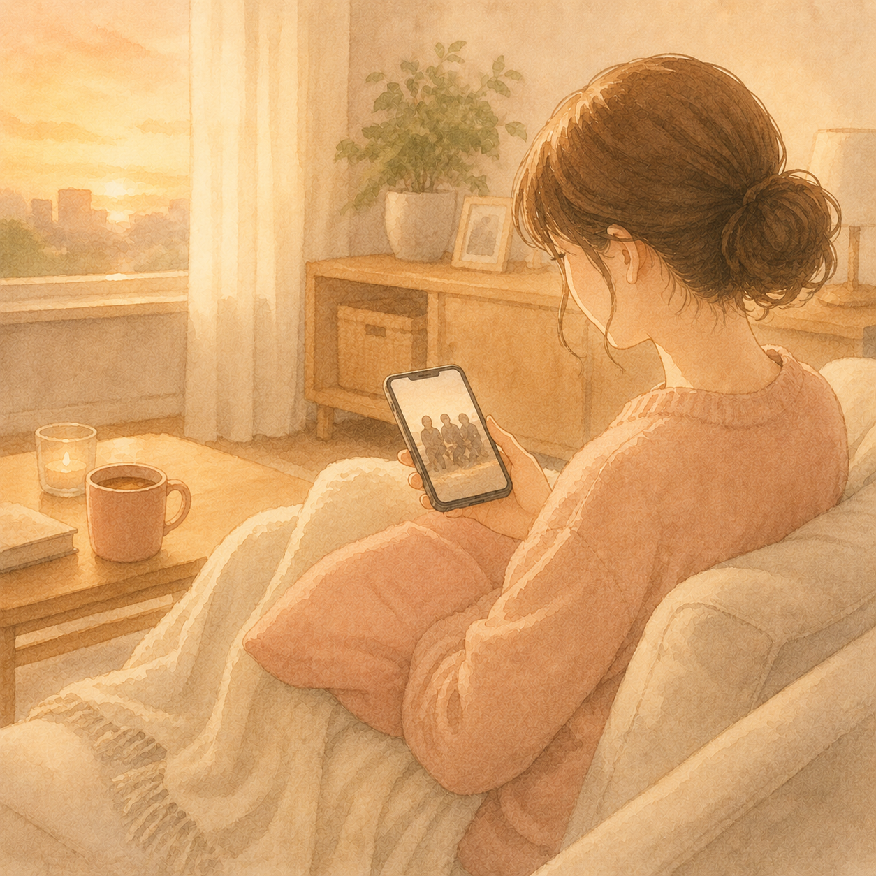 スマホを見ながら、元同僚を懐かしく思う30代女性のイラスト