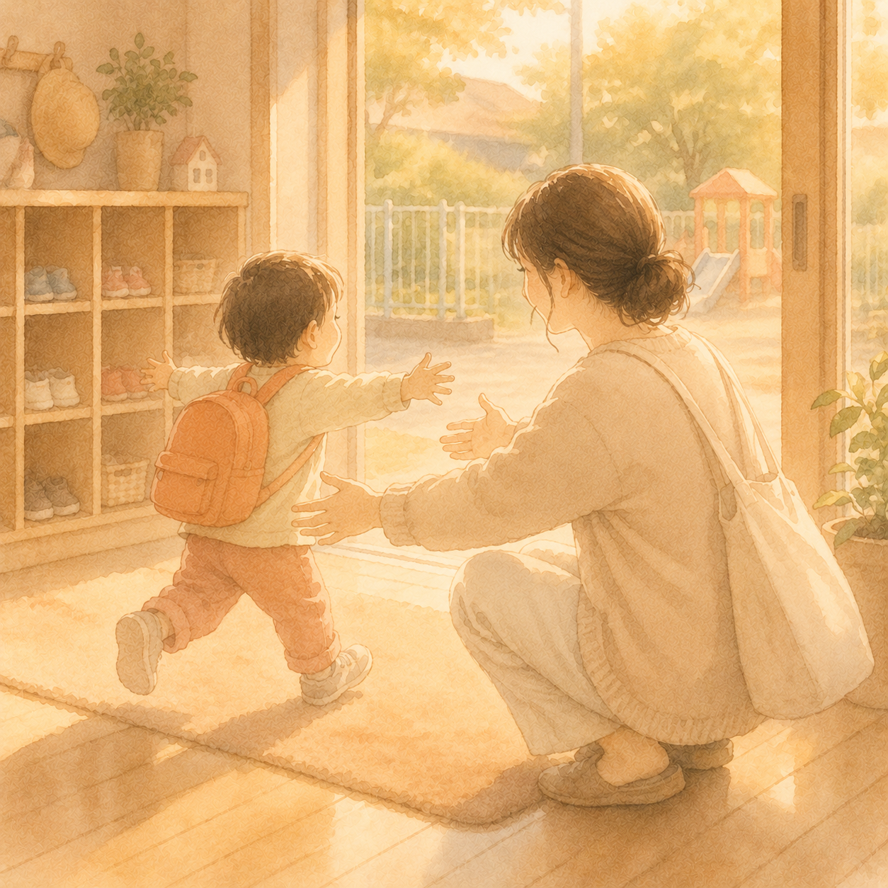 子どもをお迎えに行く母親のイラスト