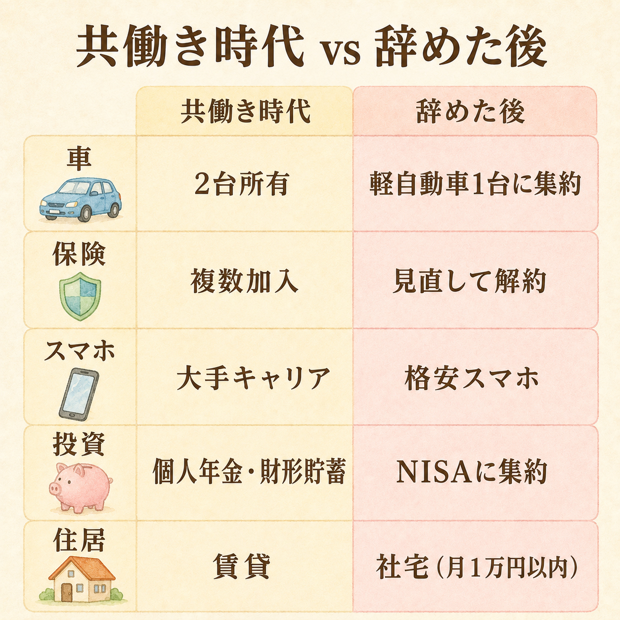 共働き時代と辞めた後のお金の見直し比較表。車・保険・スマホ・投資・住居の5項目