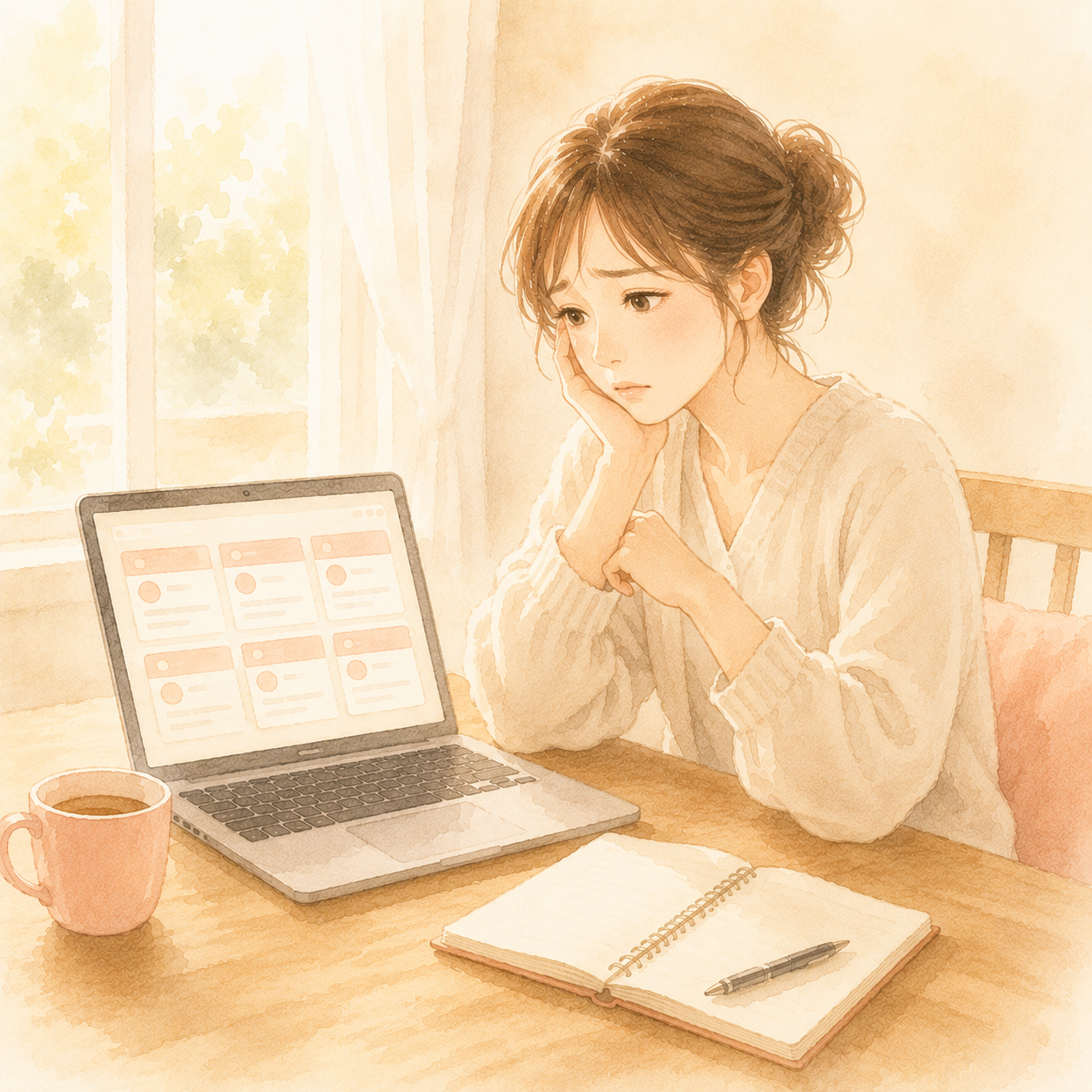 ノートパソコンで求人サイトを眺める30代女性のイラスト