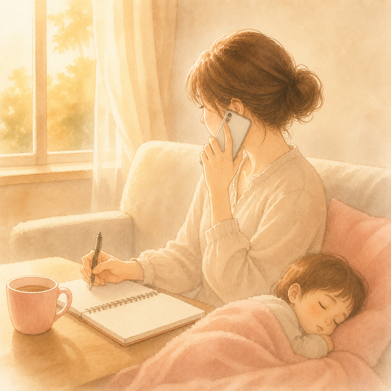 スマホでLINEを見る母親と眠る幼児のイラスト