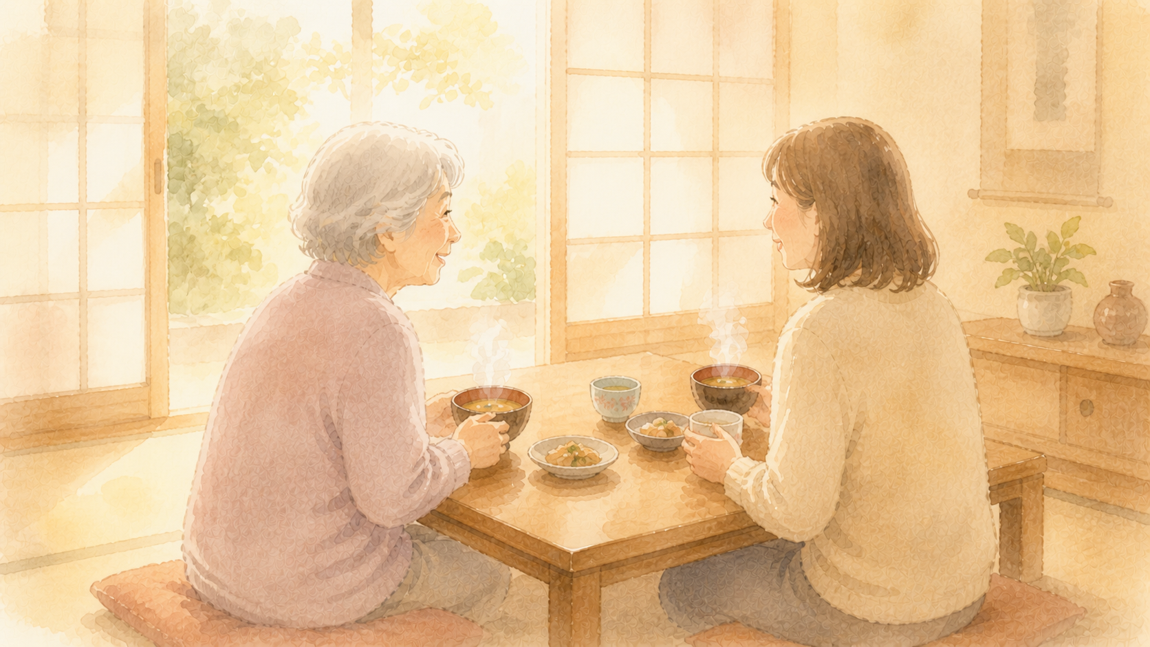 温かい食卓で向き合うご家族のイラスト