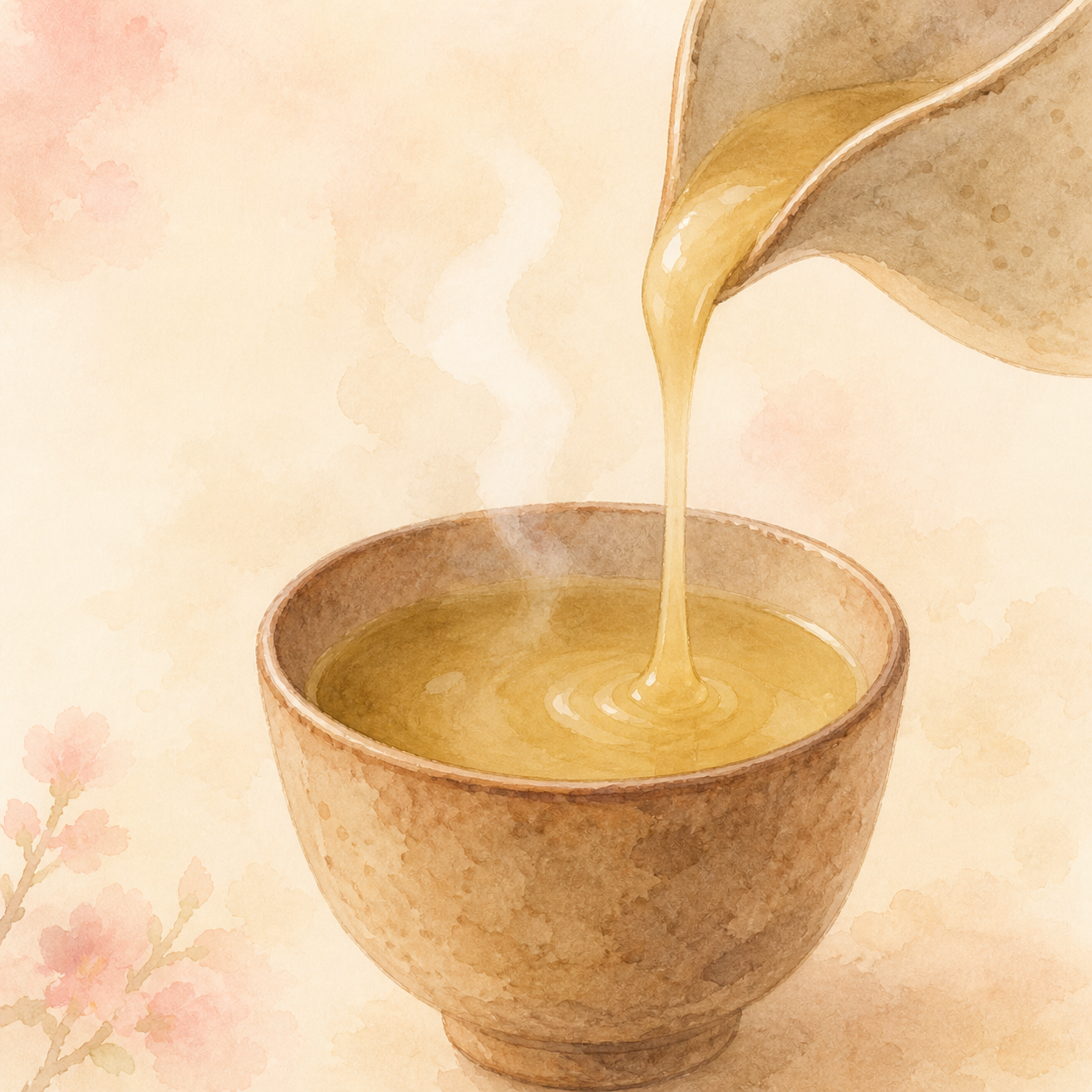 湯のみにとろみ剤を入れたお茶が注がれている様子